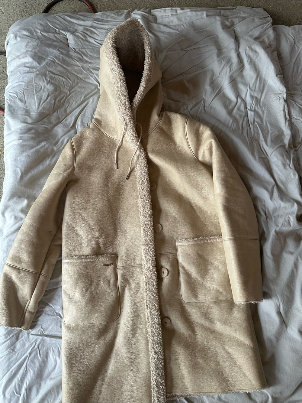 Guess Cream Hooded Teddy Shearling Coat